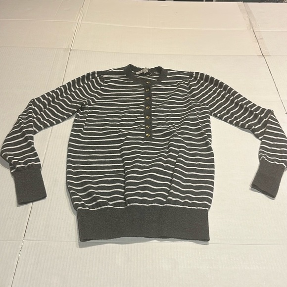 Loft striped gray and white sweater with gold buttons and ribbed cuffs & waist - Picture 1 of 8